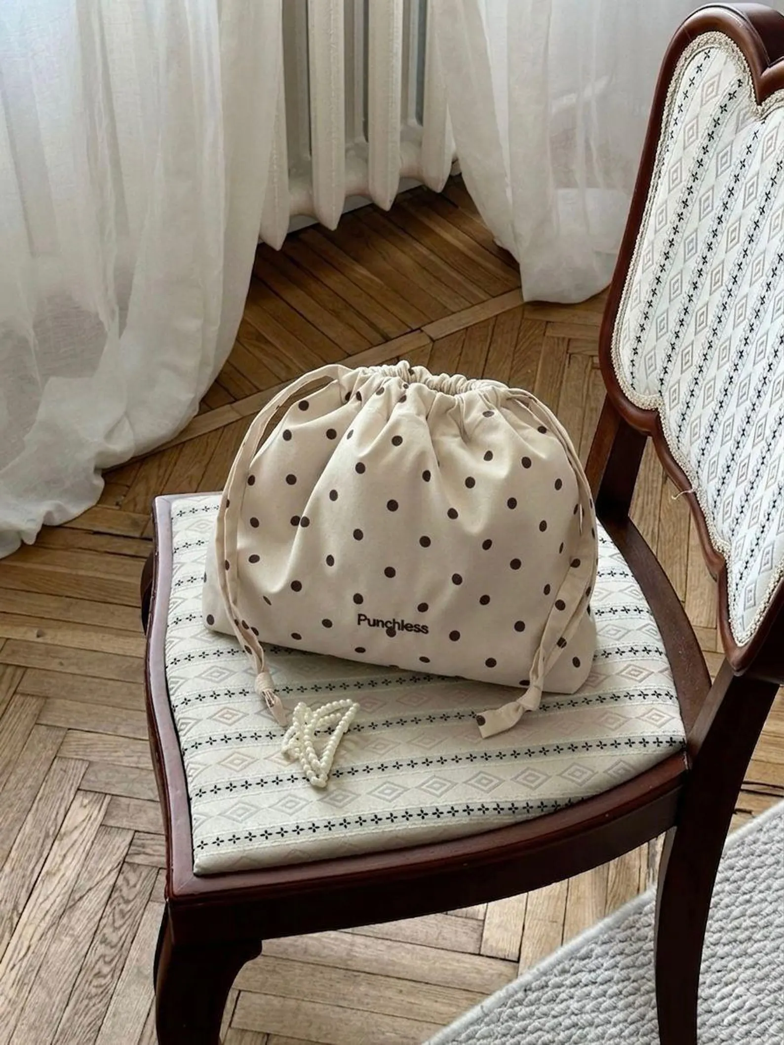 Vanilla Polka Dot Drawstring Pouch